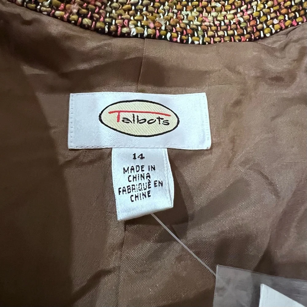 TALBOTS Tweed Brown Tan Green Crop Lined Blazer with Peplum Silk Blend SZ 14 - Picture 9 of 12